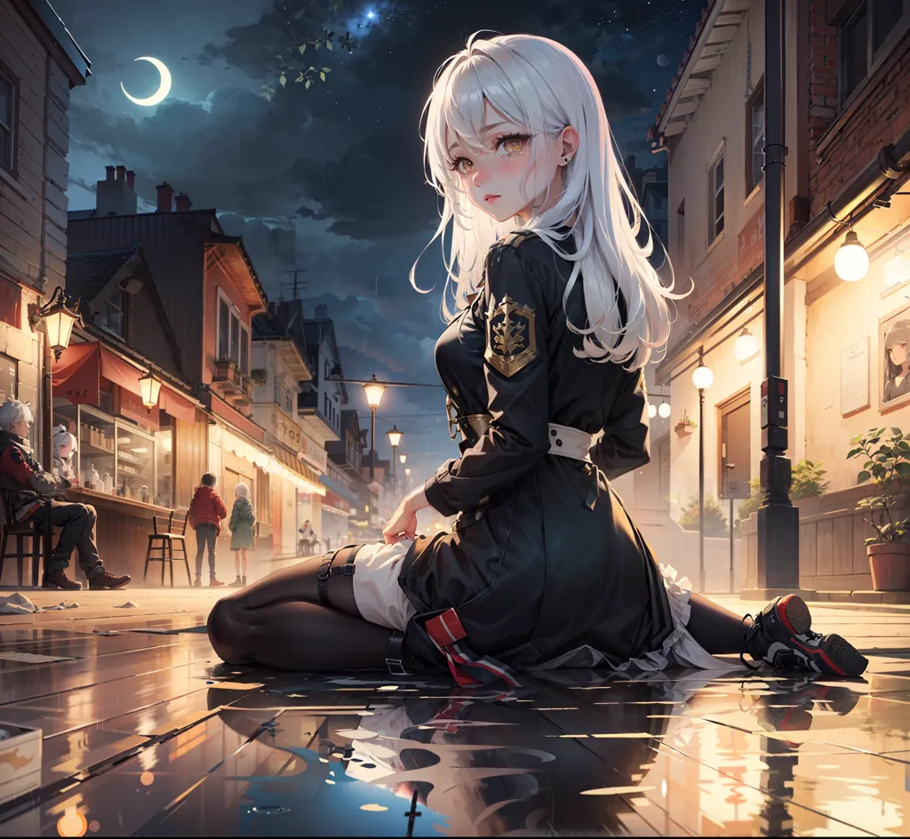 The image is a painting of a young woman with long white hair and silver eyes. She is wearing a black military-style uniform with a white collar and a red armband with a golden badge. She is sitting on the wet ground in a European-style street with her right leg crossed over her left. There is a puddle of water on the ground, reflecting the light from the street lamps. The woman's expression is sad and thoughtful. There are two people in the background, a man and a woman, who are sitting at a table outside a cafe. The man is wearing a black hat and the woman is wearing a red coat.