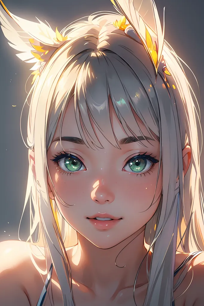 Gambar ini adalah potret seorang gadis anime yang cantik dengan rambut panjang dan mengalir serta mata hijau. Dia tersenyum dan memiliki ekspresi lembut di wajahnya. Dia mengenakan gaun putih dengan pita biru yang diikat di lehernya. Rambutnya dihiasi dengan bunga-bunga putih dan kuning. Dia memiliki dua sayap berbulu putih dan kuning di kepalanya. Latar belakangnya adalah warna biru muda yang lembut.