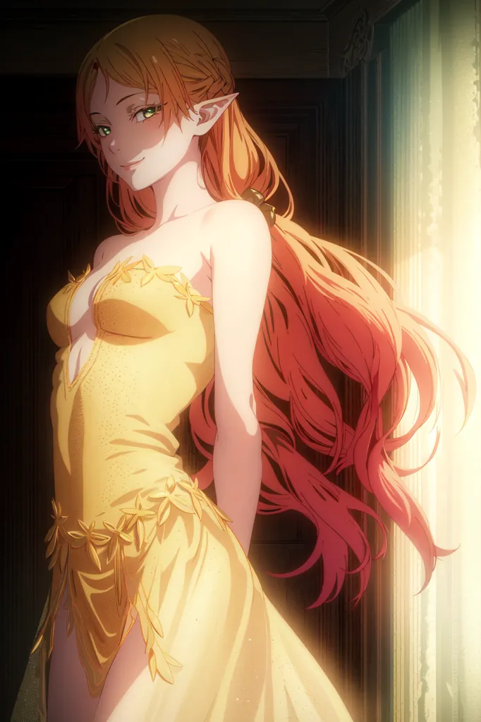 The image shows a beautiful woman with long red hair and green eyes. She is wearing a yellow dress with a low neckline and a high slit, and she is standing in front of a dark background with a curtain on the right side. She has a sly expression on her face and is looking at the viewer with one eye closed.