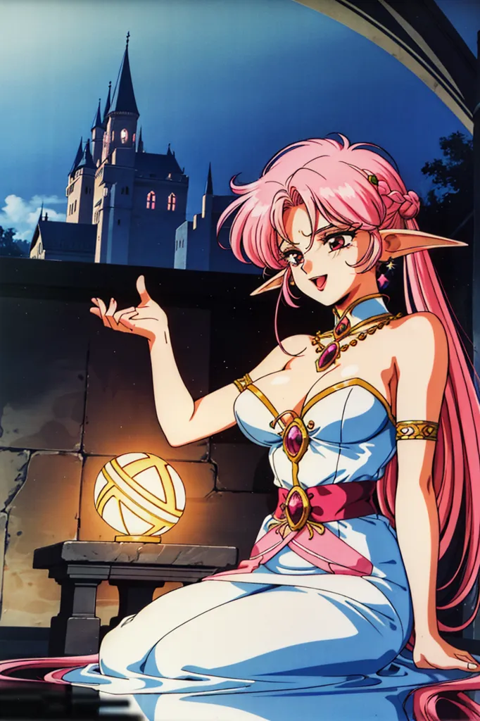 The image is of a beautiful anime girl with pink hair and blue eyes. She is wearing a white dress with a pink sash and has a large pink gem on her chest. She is sitting on a stone railing with one hand resting on a glowing orb and the other outstretched. In the background is a large castle with blue spires.