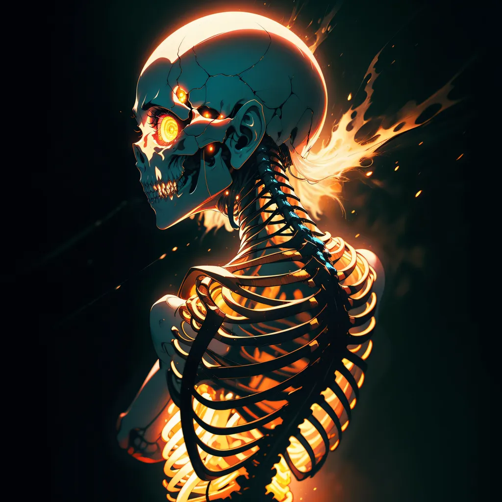 The picture shows a skeleton of a person, viewed from the back. The skeleton is on fire, with flames coming out of its eyes, mouth, and spine. The background is black, with no other details. The skeleton's bones are glowing, and the flames are casting shadows on the skeleton's body. The skeleton's head is tilted down, and its mouth is open in a scream.