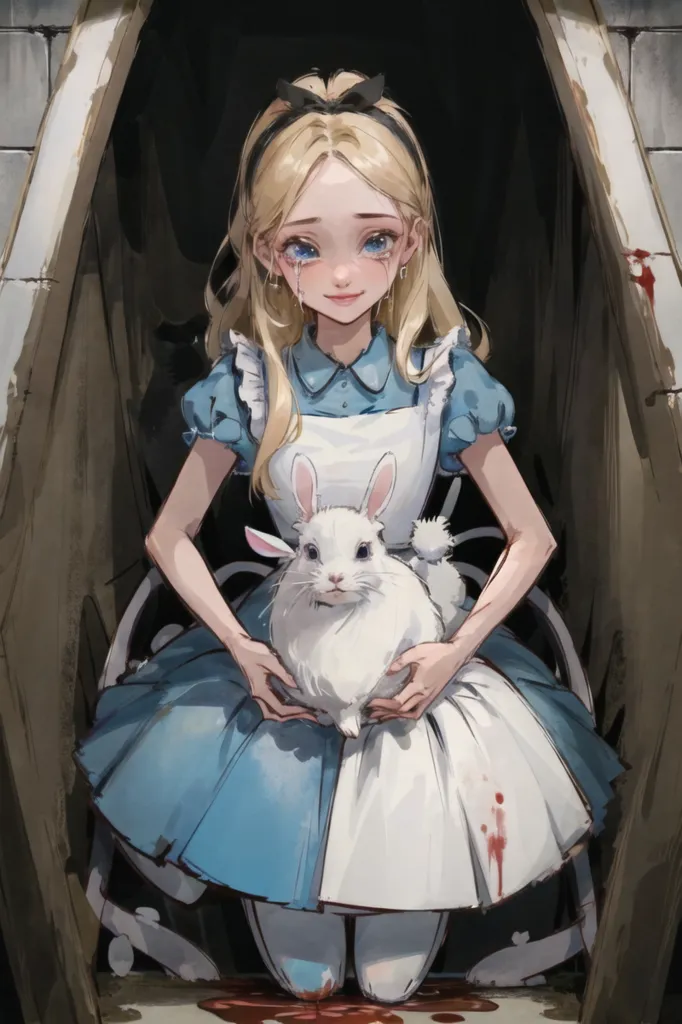 The image is of a girl with long blond hair and blue eyes. She is wearing a blue and white dress and is holding a white rabbit in her hands. The girl is sitting in a dark place, with only a single light source coming from the right. The girl's expression is one of sadness and despair.