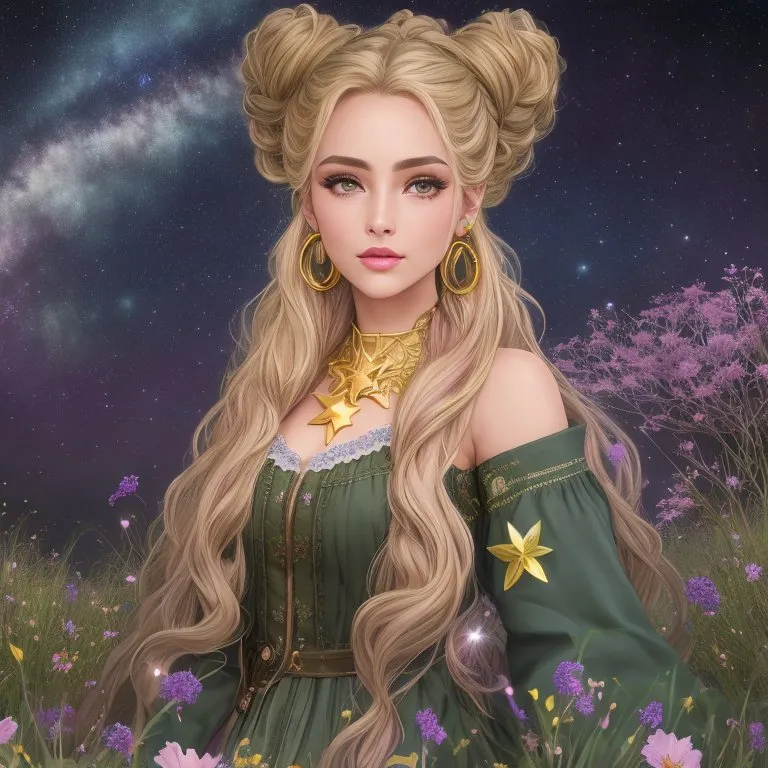 The image shows a beautiful woman with long blonde hair and blue eyes. She is wearing a green dress with a white camisole. The dress has gold trim and a star-shaped brooch at the neck. She is also wearing gold earrings and a gold bracelet. Her hair is done up in two buns on top of her head. She is standing in a field of flowers with a starry night sky behind her.