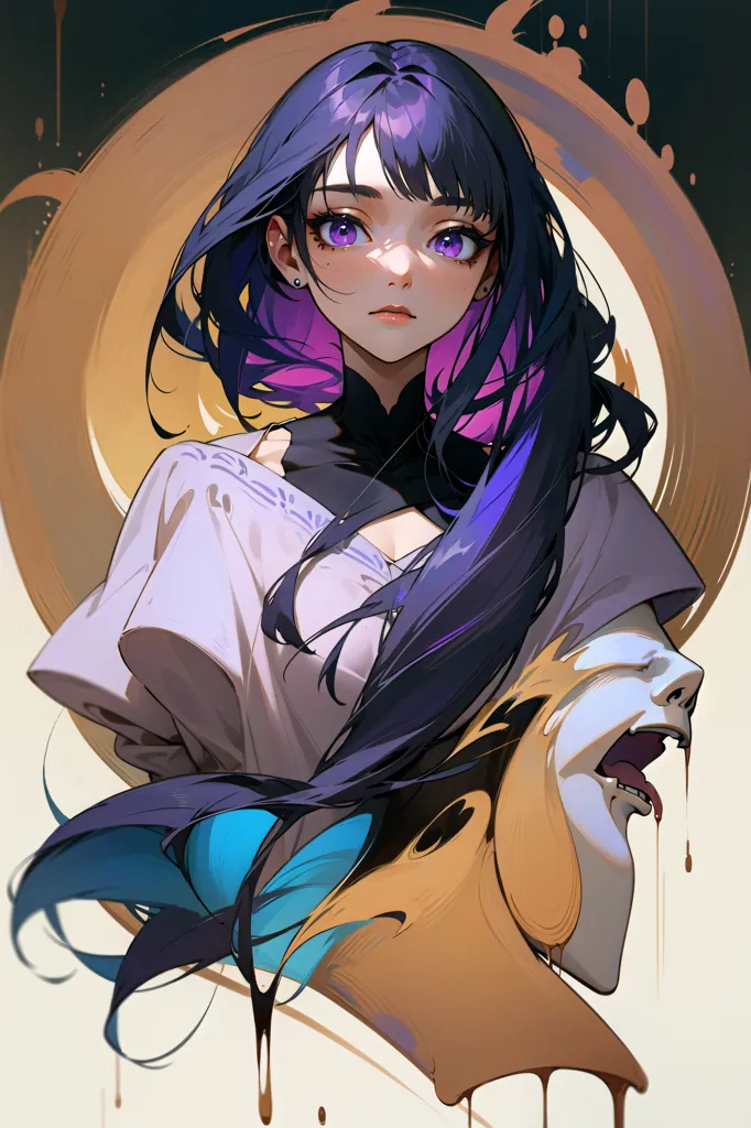 The picture shows a young woman with long purple hair and purple eyes. She is wearing a white blouse with a high collar. The collar has a golden decoration in the shape of a flower. The woman has a serious expression on her face. She is looking at the viewer with her left eye. Her right eye is covered by her hair. The woman is standing in front of a dark background. There is a golden circle behind her head. The circle has a few splashes of black ink on it. There is a mask on the right side of the woman's face. The mask is white and has a golden decoration on the forehead. The mask is dripping with a strange black liquid.