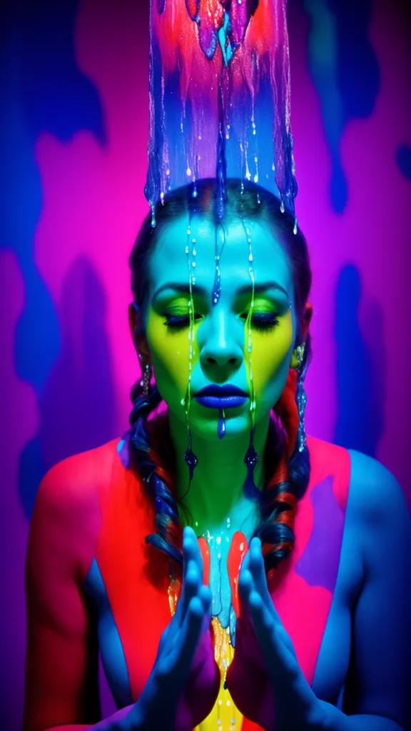 The photo shows a woman, with her eyes closed, covered in bright neon paint. The paint is dripping down her face and neck. She is wearing a red and blue swimsuit top, with her arms outstretched. She has two long braids and is wearing blue earrings. The background is dark with bright purple and blue spots.