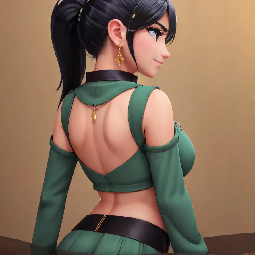 The picture shows a young woman with long black hair tied in a ponytail. She is wearing a green outfit with a low-cut back. The outfit has gold trim and a black belt. She is also wearing gold earrings. The woman is standing with her back to the viewer, but she is looking over her shoulder. She has a confident expression on her face.