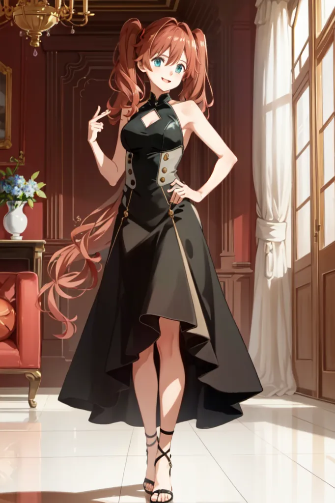 The image shows a young woman with long red hair and blue eyes. She is wearing a black dress with a high collar and a long skirt with a slit. The dress is decorated with gold buttons. She is also wearing black shoes with straps around her ankles. The woman is standing in a large room with a red carpet on the floor. There is a vase of flowers on a table in the background.