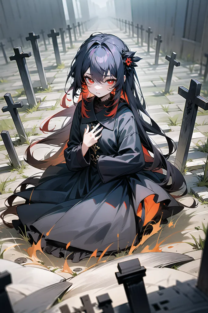 The image is of a young woman with long black hair and red eyes. She is wearing a black dress with a red sash. She is kneeling in a graveyard, surrounded by crosses. The woman's expression is one of sadness and despair. It looks like she is mourning the loss of someone she loved.