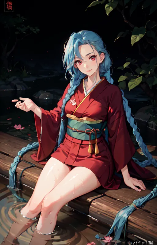 The image is of a young woman in a red kimono with blue hair and red eyes. She is sitting on a wooden dock with her feet in the water. She is looking at the viewer with a smile on her face. The background is a dark forest with a full moon shining through the trees.