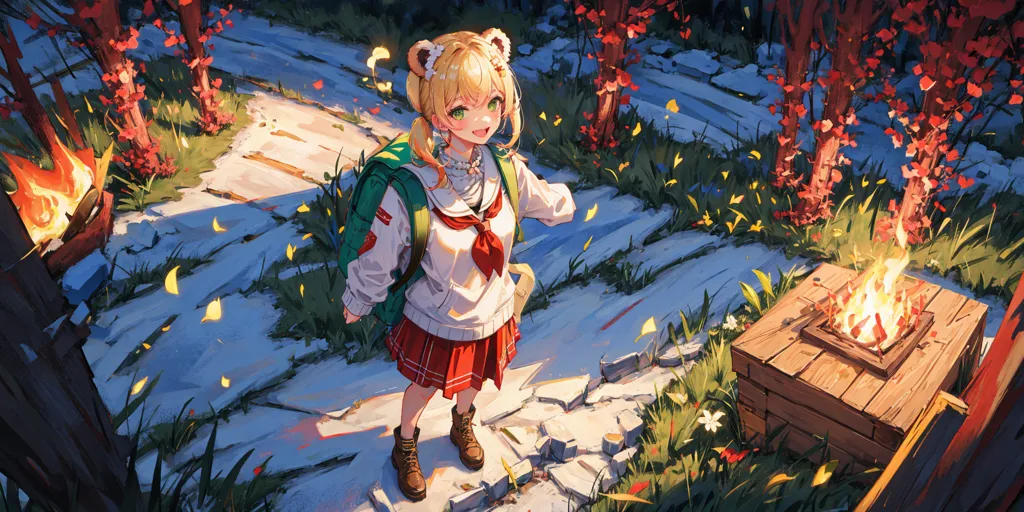 The image is of a young girl with long blonde hair and green eyes. She is wearing a white sweater, a red skirt, and a green backpack. She is standing on a stone path in a forest. The trees are bare, and the ground is covered in snow. There is a fire pit on the right side of the image, and a wooden fence in the background. The girl is smiling and has her arms outstretched. She looks happy and carefree. The image is drawn in a realistic style, and the colors are vibrant and bright.