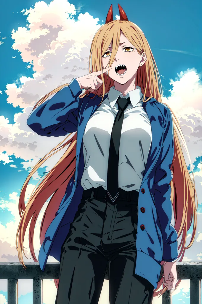 The image shows a young woman with long blond hair and red horns. She is wearing a white shirt, black tie, blue jacket, and black pants. She has a toothy grin on her face and is pointing at her canine teeth with her right index finger. The background is a blue sky with white clouds.