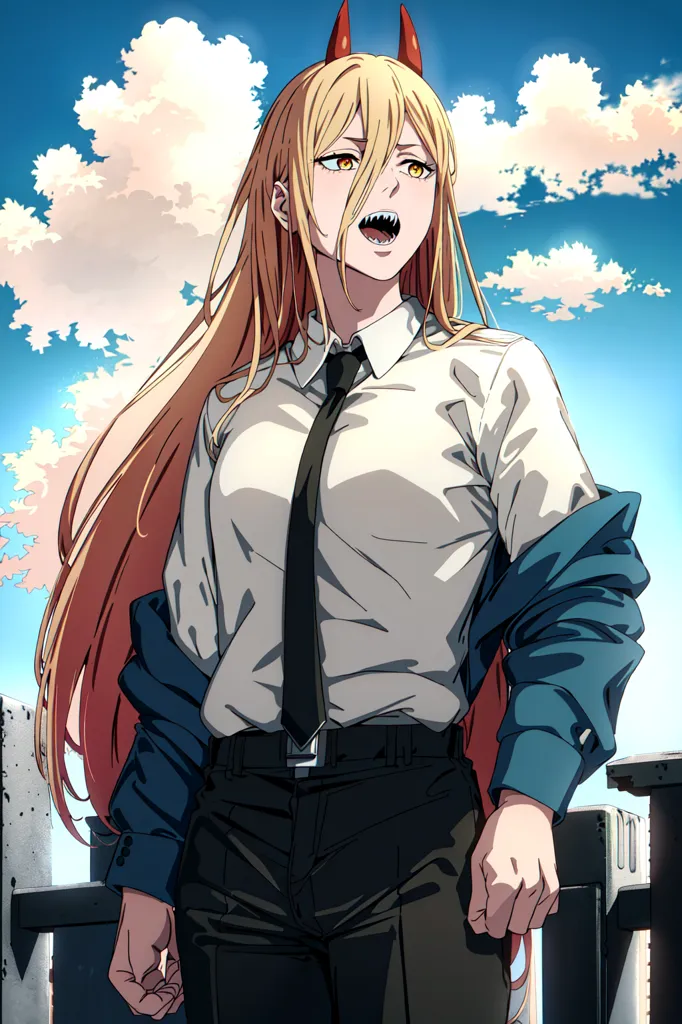 The image shows a woman with long blond hair, red horns, and yellow eyes. She is wearing a white shirt, black tie, and black pants. She has a confident expression on her face and is standing with her hands on her hips. There are clouds and a blue sky in the background.