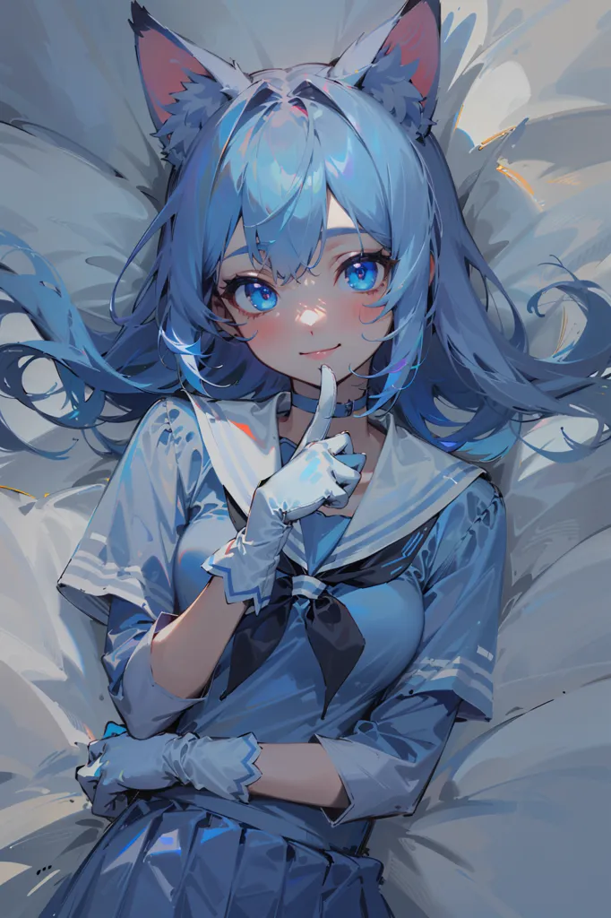 The image is a painting of a young woman with cat ears. She has blue hair and blue eyes. She is wearing a white shirt with a blue collar and a blue skirt. She is also wearing white gloves. She is sitting on a bed and has a finger pressed to her lips in a shushing gesture.