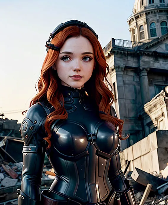 This is an image of a young woman, with long red hair, wearing a black and grey bodysuit-style outfit. The outfit has a high collar and shoulder pads, and there is a pattern of small circles over the chest and stomach. She is also wearing a pair of black boots and a pair of black headphones. She is standing in a ruined city, with a large building with a domed roof in the background.