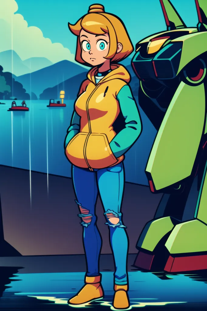 The image is of a young girl with short blonde hair and blue eyes. She is wearing a yellow and blue hoodie, blue jeans with holes in the knees, and brown shoes. She is standing in a rainy lakeside setting with a large green and yellow mech behind her. There are also mountains in the background. The girl is looking at the viewer with a slightly puzzled expression on her face.