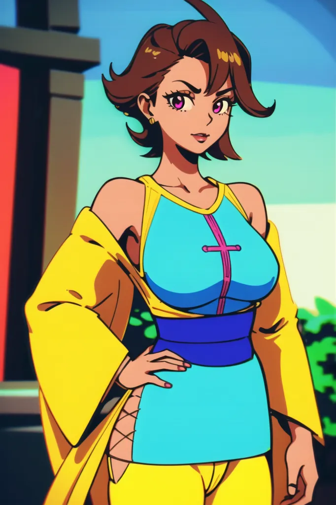 The image shows a young woman, with brown hair and purple eyes, wearing a blue and yellow outfit. The outfit has a high collar, with a cross-shaped design in the middle, and a blue sash around the waist. She is also wearing a yellow jacket. She has her right hand on her hip and is looking to the left with a serious expression. She is standing in front of a blue background with a building on the left.