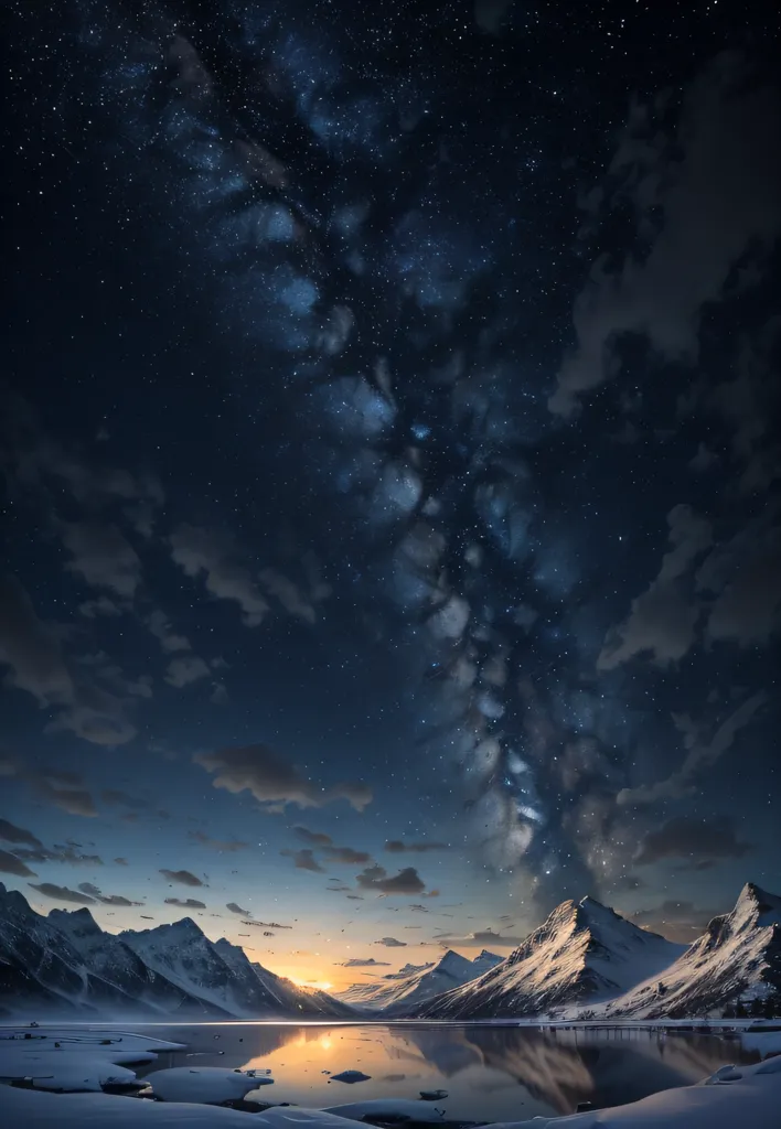 この画像は、夜の山脈の美しい景色です。空は星々で満ちています。前景には川か湖があり、夜空と山々の反射が見られます。山々は雪に覆われています。この画像は非常に穏やかで静かな雰囲気です。