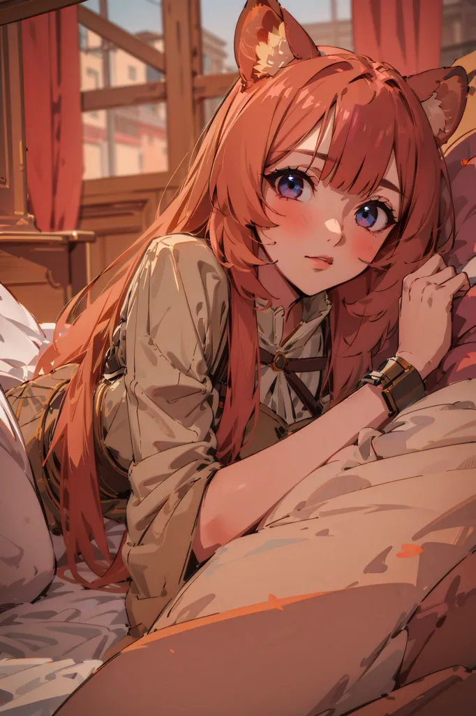 The image is of a young woman with long red hair and fox ears. She is lying on a bed and looking at the viewer with a shy expression. She is wearing a brown shirt with a white collar. The background is blurry, but it looks like there is a window to her left.