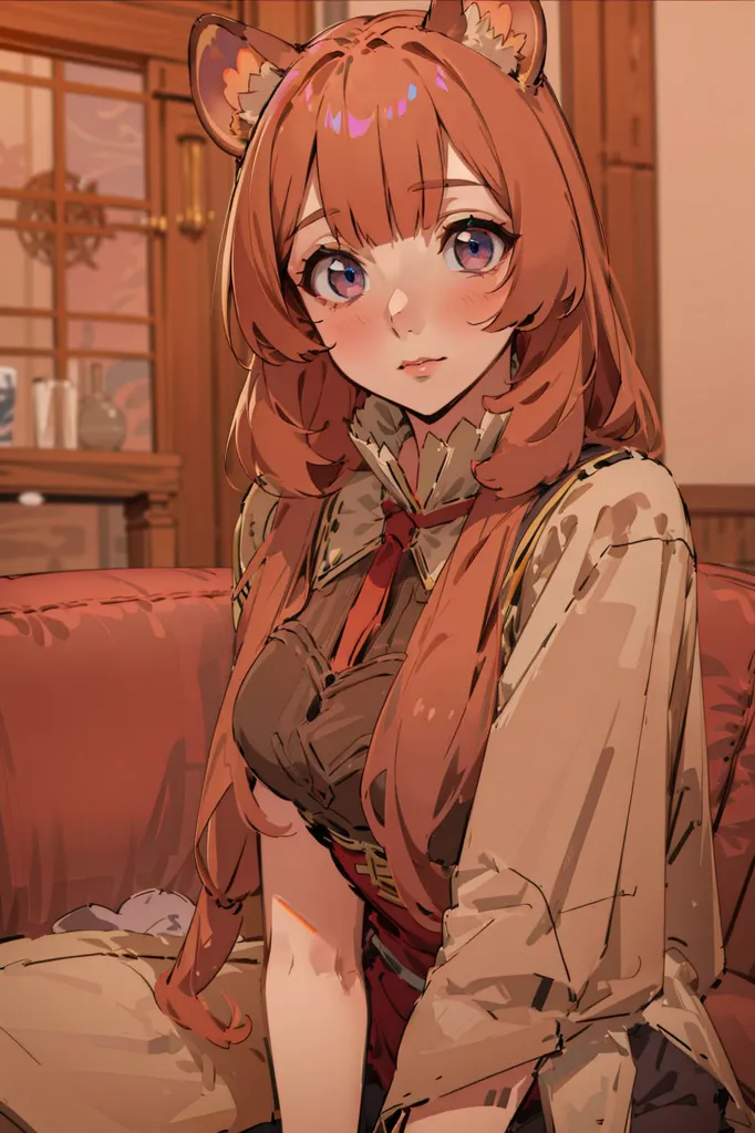 The image shows a young woman with long, orange hair and purple eyes. She is wearing a brown jacket and a white shirt. She has cat ears and a tail. She is sitting on a couch and looking at the viewer with a curious expression.