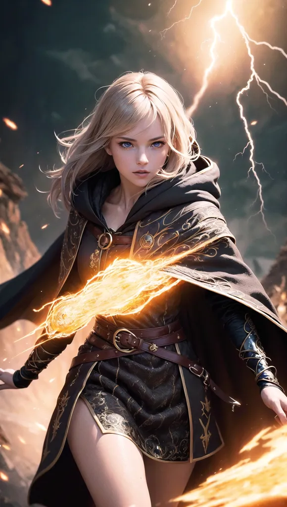 The image is of a beautiful young woman with long blonde hair. She is wearing a black and gold dress with a hood. The woman is standing in a dark place with lightning in the background. She has a serious expression on her face and is looking at the viewer. The woman is holding a ball of fire in her hand.