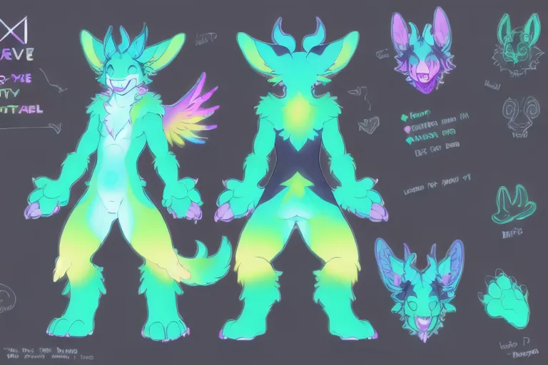 This is a reference sheet for a furry character named Everet. They are a bright green and blue quadruped with large rabbit-like ears and a long tail. They have a white belly and paws, and their fur is tipped with yellow. They have a pair of feathered wings on their back, and their eyes are a bright blue. The reference sheet also includes several close-ups of Everet's head and paws, as well as a color palette and a description of their personality.