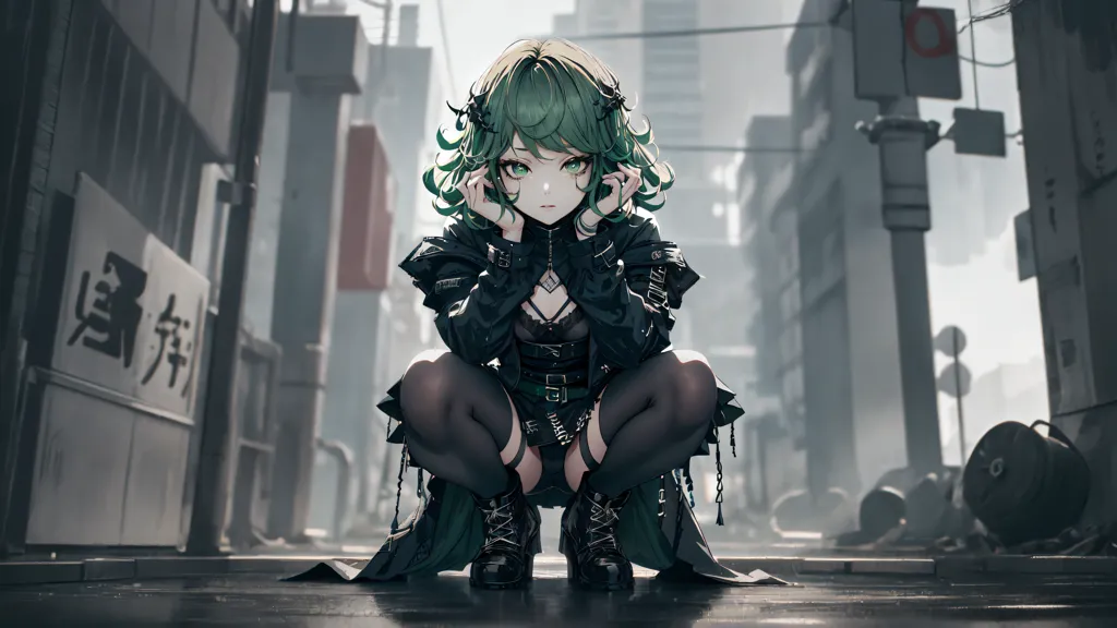 The image is of a young woman with green hair and eyes, kneeling on the ground in an urban setting. She is wearing a black leather jacket and a black skirt. The jacket is open, revealing a black corset top. She is also wearing black boots and a black choker. The woman has a serious expression on her face. The background is blurred, but it appears to be a city street.