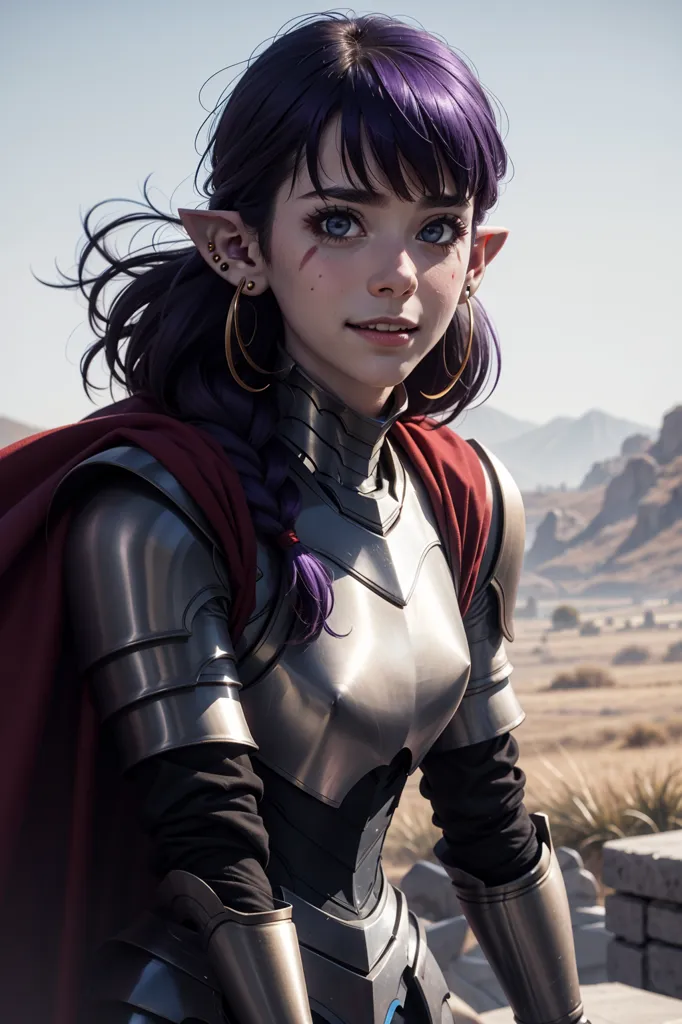 Cette image montre une jeune femme aux cheveux violets et aux yeux bleus. Elle porte une cuirasse argentée et un cape rouge. Elle a une épée à son côté et un poignard à sa ceinture. Elle se tient dans un paysage rocheux, avec des montagnes à l'arrière-plan.