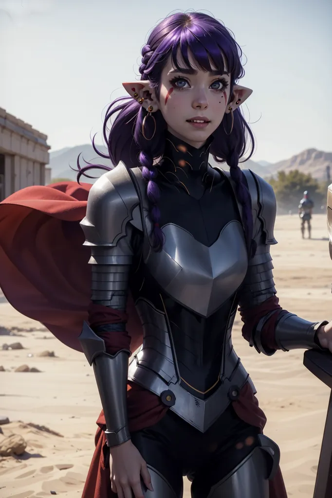 This image shows a female warrior with purple hair and pointed ears. She is wearing silver and red armor and a red cape. She has a sword in her hand and is standing in a desert landscape. There are ruins of a building in the background.