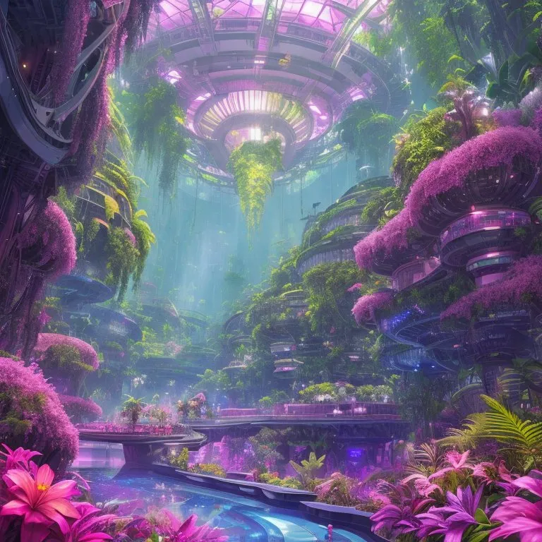 The image is set in a lush, overgrown city. The buildings are covered in plants, the trees are tall and green, and the flowers are in full bloom. There is a river running through the city, and there are people walking around and enjoying the scenery. The city is lit by a pink light, and the overall atmosphere is one of peace and tranquility.