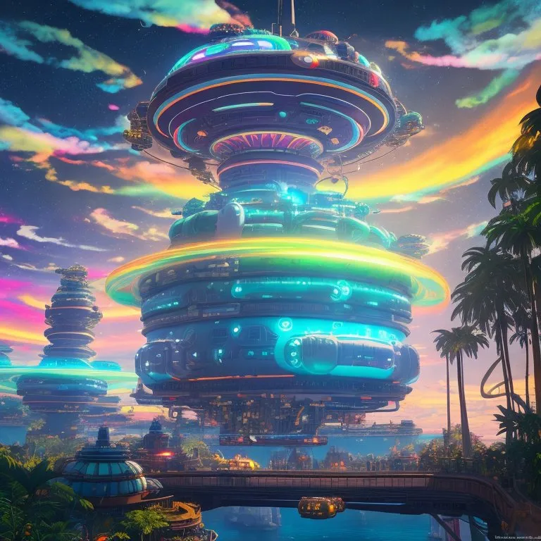 The image is set in a tropical paradise, with palm trees and a blue ocean. There is a large, futuristic city in the background, with tall buildings and flying cars. The city is surrounded by a large, rainbow-colored force field. In the foreground, there is a group of people standing on a dock, looking out at the city. They are all wearing futuristic clothing. The image is very colorful and vibrant, and it depicts a future where humans and nature live in harmony.