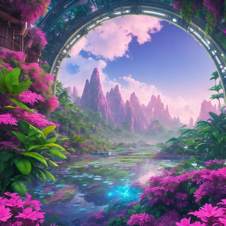 The image is set in a lush, alien landscape. The foreground is filled with a variety of pink and purple flowers, while the background is dominated by a mountain range. The mountains are covered in snow. A river runs through the middle of the image, and there are a number of trees and other plants growing on the banks. The sky is a clear blue, and there are a few clouds dotting the horizon.