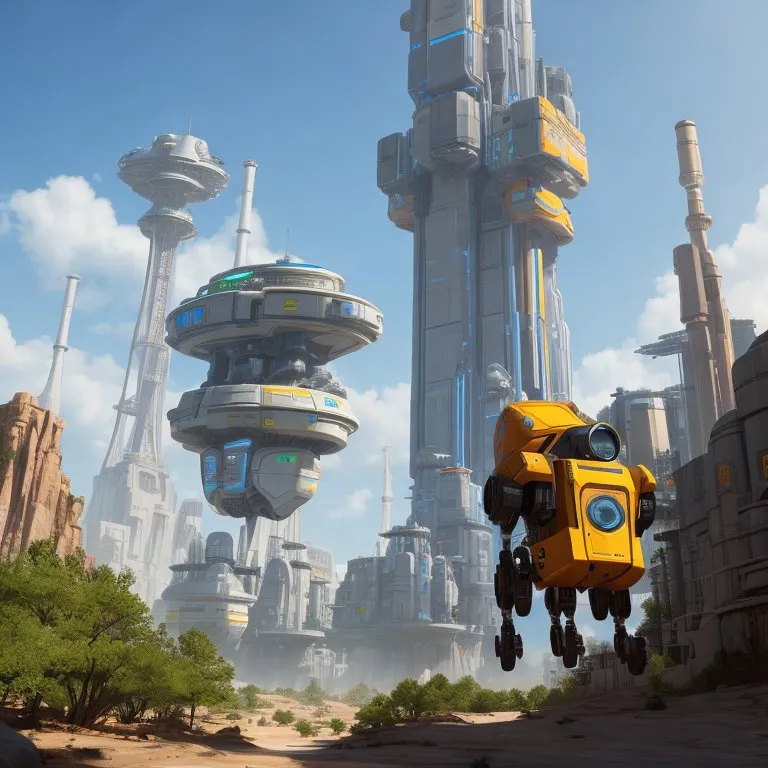 The image shows a futuristic city with tall buildings and a lot of technology. The buildings are made of metal and glass and have a lot of lights on them. There are also a lot of trees and plants in the city. The sky is blue and there are some clouds in the sky. There is a yellow robot in the foreground.