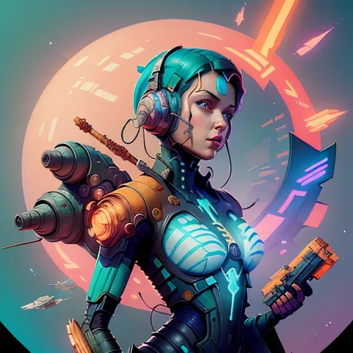 This is an image of a female video game character. She is wearing a blue and orange suit of armor and has a gun in her hand. She is standing in front of a large moon or planet. There are also several spaceships flying in the background. The character is drawn in a realistic style and the colors are very vibrant.