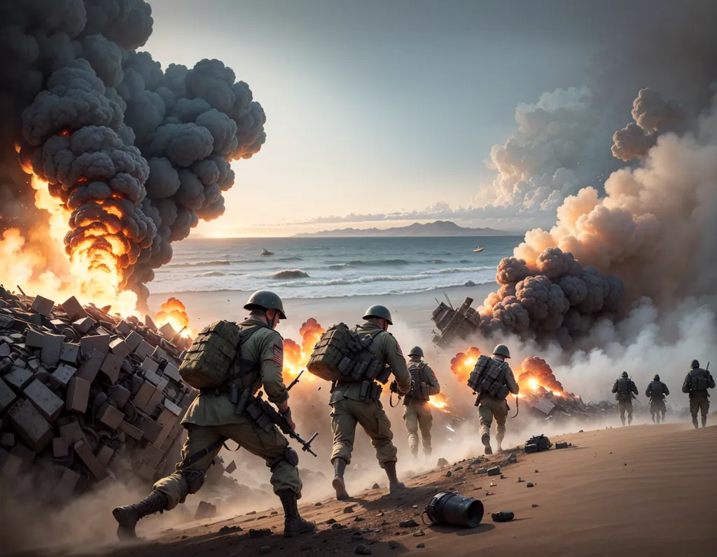 The image shows a group of soldiers running on a beach during a battle. There are explosions and smoke in the background. The soldiers are all wearing helmets and carrying guns. They are running towards the viewer. The image is very realistic and captures the chaos and danger of battle.