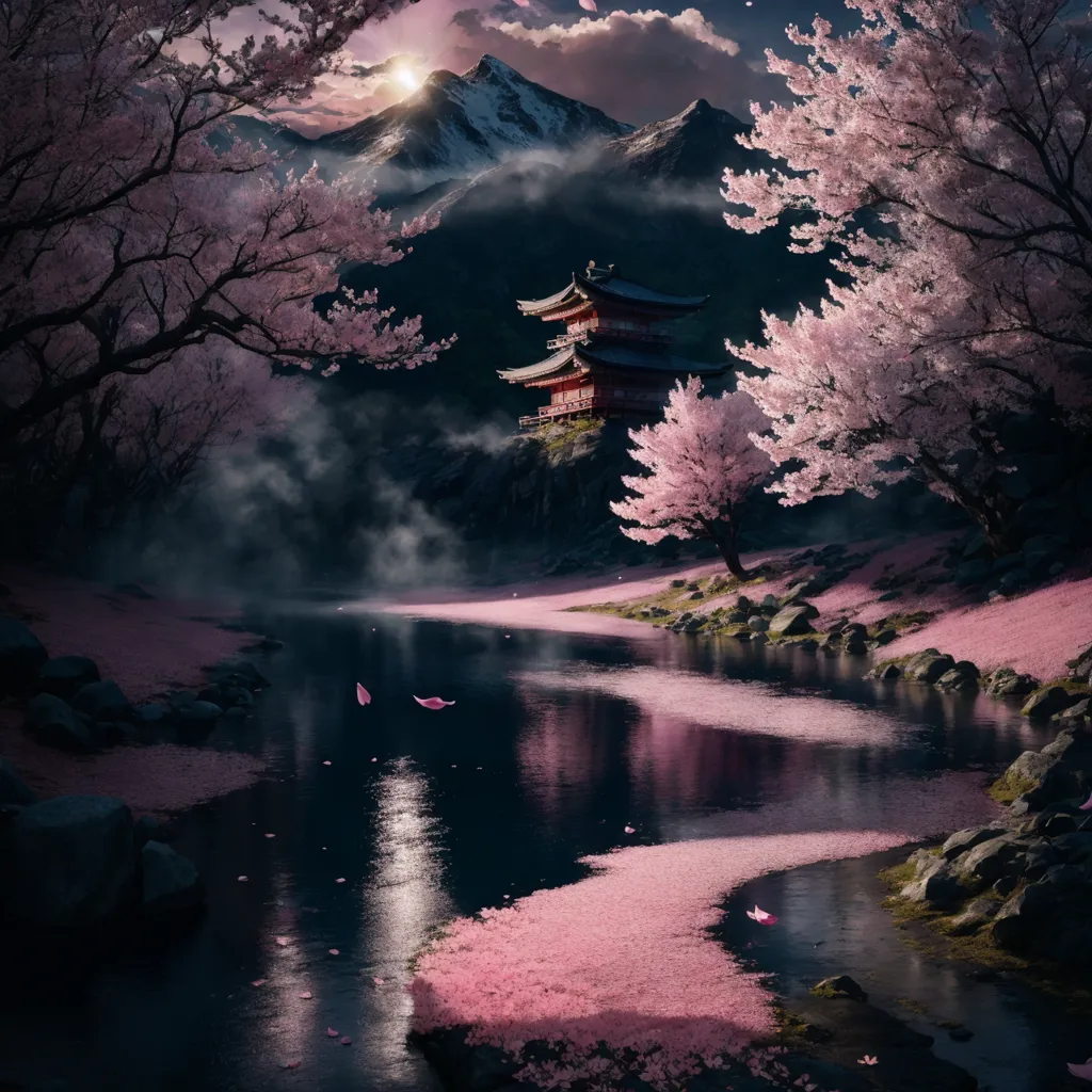 The image is a beautiful landscape of a cherry blossom forest in Japan. The cherry blossom trees are in full bloom, and their delicate pink and white petals are falling like snow. The trees are reflected in the still waters of a river that runs through the forest. In the background, there is a majestic snow-capped mountain. The sky is a deep blue, and the sun is setting, casting a warm glow over the scene. The image is peaceful and serene, and it captures the beauty of the Japanese spring.