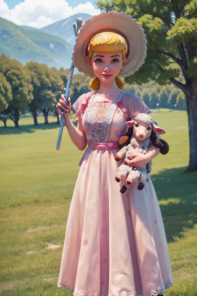 The image shows a young woman standing in a field of green grass. She is wearing a long pink dress with a white pinafore. She has a blue sash around her waist and a white bonnet on her head. She is carrying a white lamb in her arms and holding a blue staff in her right hand. In the background, there are large trees and mountains covered with snow.