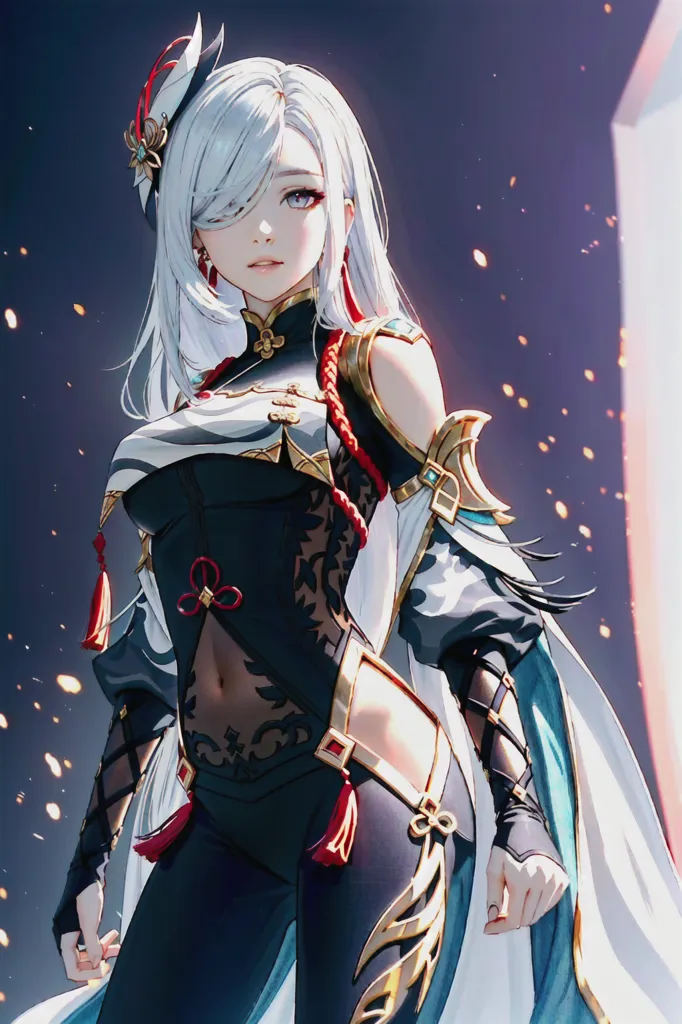 The picture shows a beautiful anime-style girl with long white hair and purple eyes. She is wearing a black and white cheongsam with red and gold accents and has a confident expression on her face. She is standing in front of a dark blue background with a glowing white light on her face.