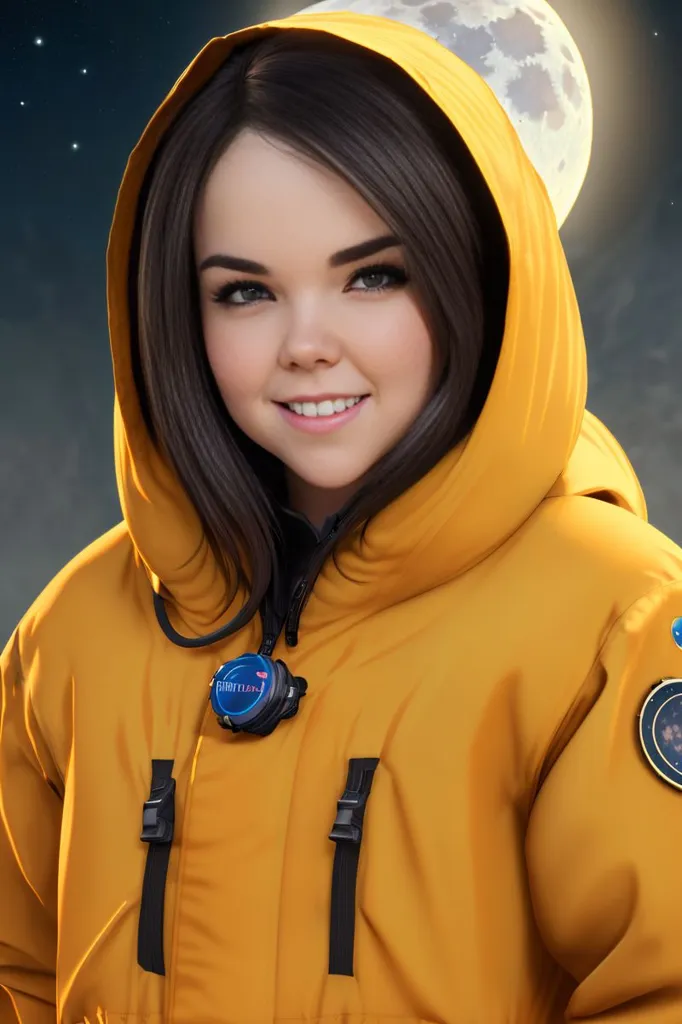 A imagem mostra uma menina jovem em um traje espacial amarelo com o capuz vestido. O traje espacial tem um patch azul no braço com um planeta e estrelas, e um patch amarelo que diz "Frontier". A menina tem cabelos castanhos e olhos castanhos, e ela está sorrindo. Há uma lua cheia atrás dela.