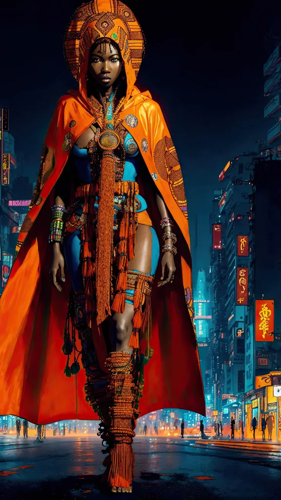 Esta é uma imagem de uma mulher usando um traje futurista inspirado na África. Ela está usando um macacão azul com detalhes laranja e amarelo. Ela tem uma capa laranja grande com padrões intrincados e um colarinho alto. Ela também está usando um colar grande, brincos e pulseiras. Sua cabeça é coberta por um adereço dourado com uma grande gema laranja no centro. Ela está em pé em uma rua escura da cidade com arranha-céus e luzes de néon ao fundo.