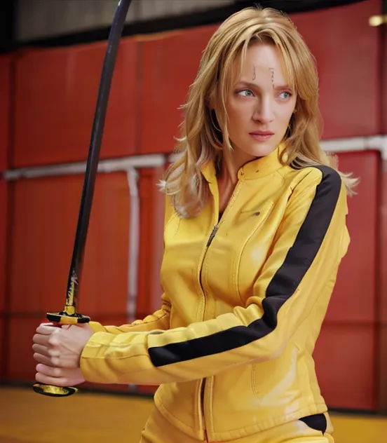 The image shows a woman wearing a yellow jumpsuit with a black stripe down the side. She is also wearing a black belt and a yellow jacket with black stripes on the sleeves. She has her blonde hair tied back in a ponytail and is holding a sword in her right hand. She has a determined look on her face and is standing in a ready position. The background is a blur of red and orange colors.