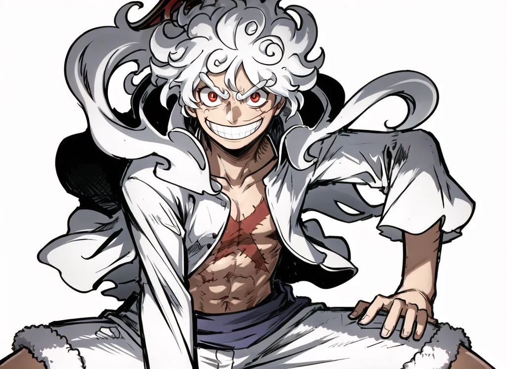 The image shows a young man with white curly hair and red eyes. He is wearing a white shirt that is open, showing his chest which has a large scar on it. He is also wearing a pair of white pants. He has a confident smile on his face. The background is white.