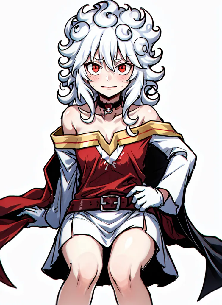 The image is of a young woman with curly white hair and red eyes. She is wearing a red and white dress with a white collar and a brown belt. She is also wearing a red cape and white gloves. She has a shy expression on her face and is looking to the side.