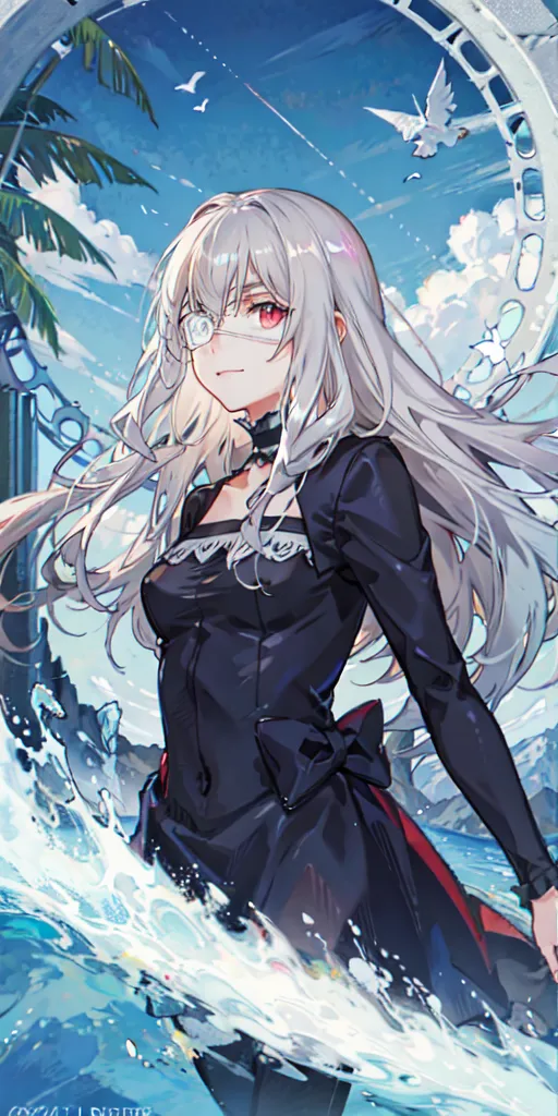 This image is an illustration of a young woman with long, flowing white hair and red eyes. She is wearing a black dress with a white collar and a red ribbon at the waist. She is standing in a body of water, with waves crashing around her. In the background, there is a large, ornate gate with a palm tree and birds flying overhead. The sky is blue and cloudy, with the sun shining down on the woman.