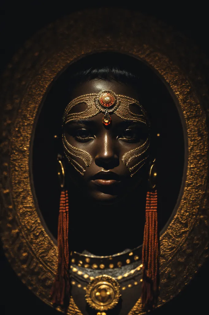 The image is a portrait of a dark-skinned woman with golden jewelry and face paint. She is wearing a golden necklace and earrings, and her face is painted with golden lines and dots. She has a red jewel on her forehead and her eyes are dark brown. She is looking at the viewer with a serious expression. The background is dark and out of focus.