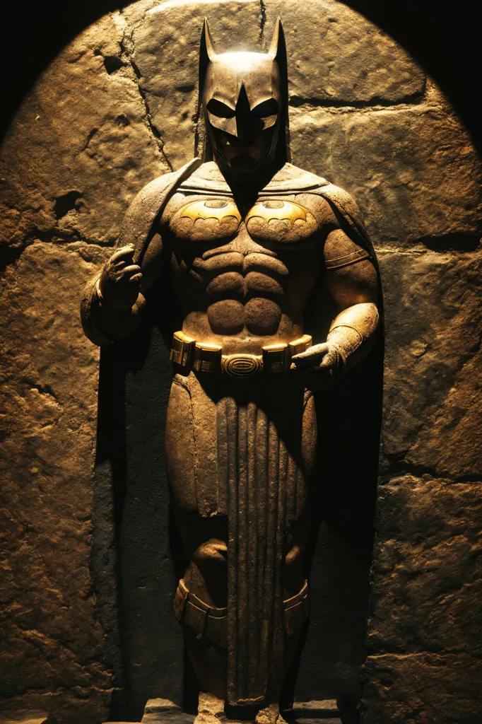 L'image est une statue de Batman. La statue est en pierre et très détaillée. Batman porte son costume classique, qui est noir et gris. Il porte également une cape. La statue se tient devant un mur de pierre. Un projecteur brille sur la statue, ce qui lui donne un aspect très dramatique.