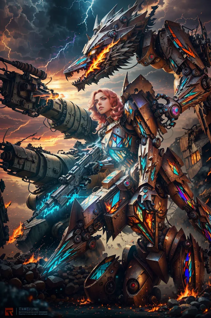 The image is a post-apocalyptic scene. A woman is standing in the middle of a destroyed city. She is wearing a technologically advanced suit of armor and is holding a large gun. The woman is surrounded by a group of large robots. The robots are all armed with weapons and look like they are ready to attack. The woman is standing defiantly in front of the robots, and it looks like she is ready to fight. In the background of the image, there is a large storm raging. The sky is dark, and the clouds are filled with lightning. The storm is adding to the sense of danger and destruction in the image.