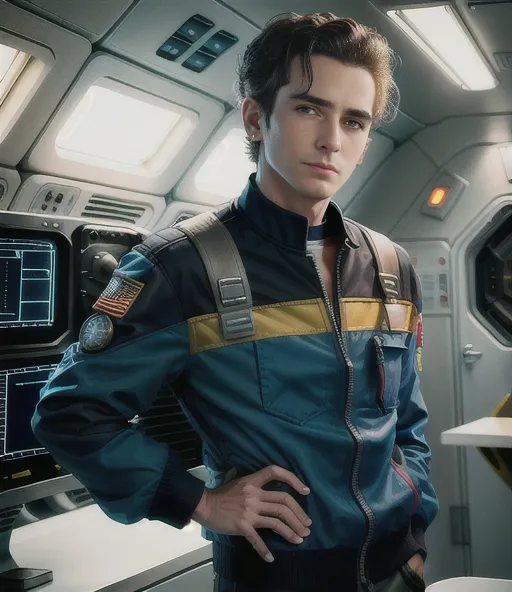 This is an image of a young man standing in a spaceship. He is wearing a blue and yellow jacket and has dark hair and brown eyes. He is standing with one hand on his hip and the other holding a device. There are several computer screens and panels on the walls behind him.