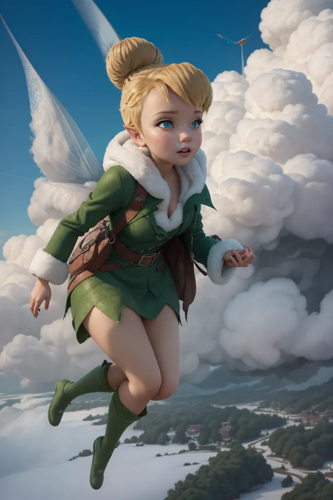 The image shows a 3D rendering of Tinkerbell from the Disney movie "Peter Pan". She is flying in the sky with a determined expression on her face. She has wings made of leaves and is wearing a green outfit with a white fur collar. The background is a blue sky with white clouds.