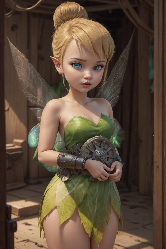 The image shows a beautiful fairy with long blond hair and blue eyes. She is wearing a green dress with a steampunk-style belt and has wings made of leaves. She is standing in a wooden room, looking at the viewer with a slightly worried expression.