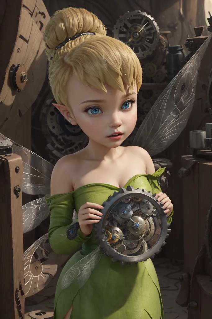 The image shows a beautiful fairy with blond hair and blue eyes. She is wearing a green dress with a gear-shaped cutout on the chest. The fairy is holding a large gear in her hands. She is standing in a workshop surrounded by steampunk gadgets and gizmos.